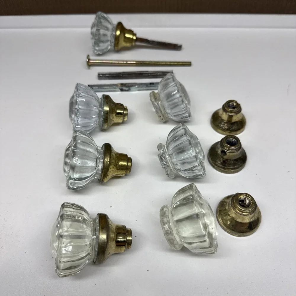 Vintage Glass Door Knob Set w/ Brass Ferrules (Barn Find, Clear Crystal Style)